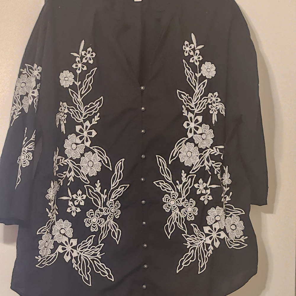 Black Floral Embroidered Blouse - Elegant Button-Front Top Ruffle Neck